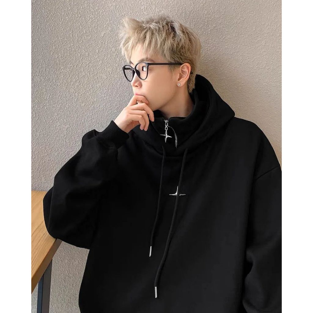 Áo hoodie STAR TRAIT nỉ trần bông phối tag kim loại cá tính