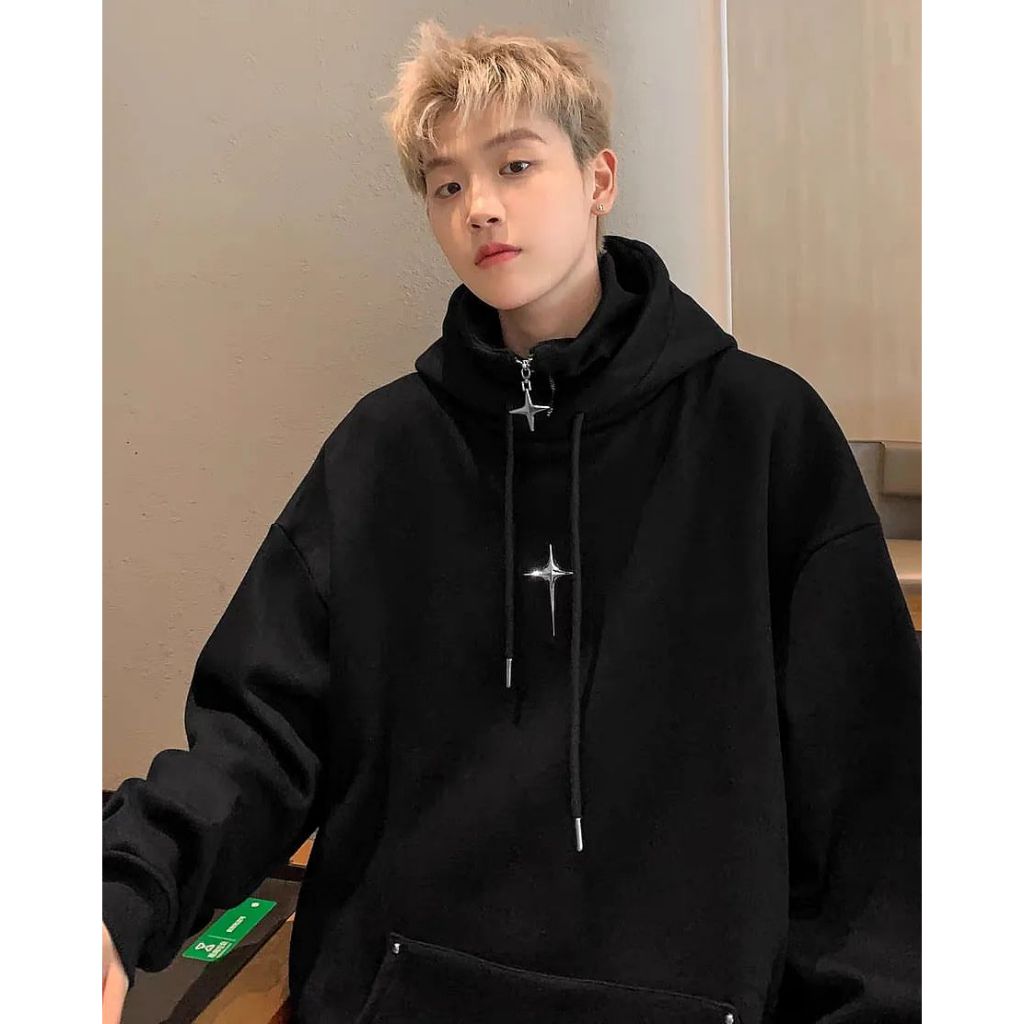 Áo hoodie STAR TRAIT nỉ trần bông phối tag kim loại cá tính