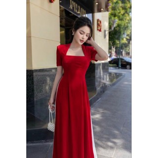 Áo dài cách tân,áo dài nhung cổ vuông đỏ thiết kế sang trọng PC0