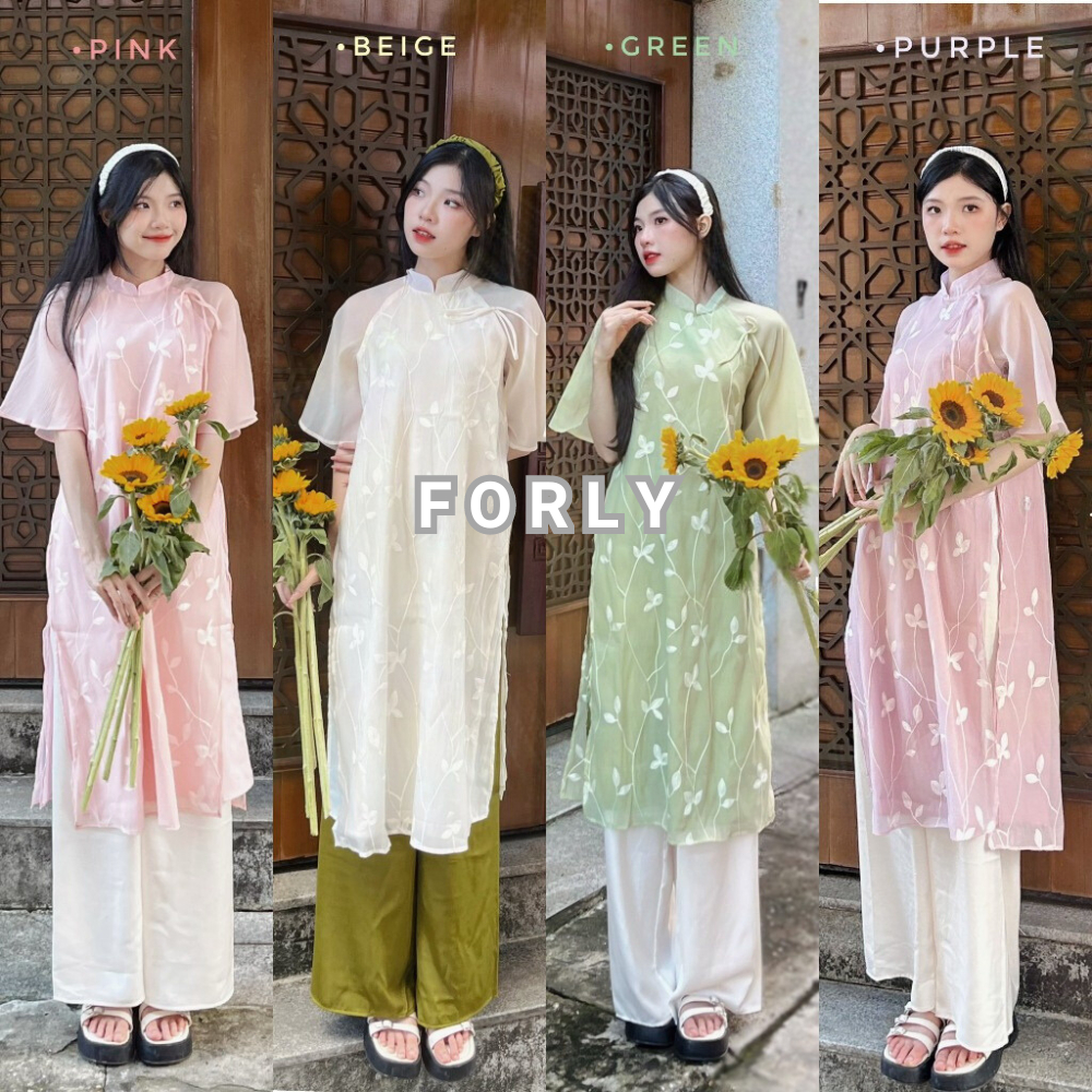 Sét áo dài cách tân voan tơ thêu hoa nổi kèm quần lụa Forly T030