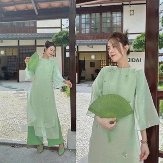 Áo dài nữ cách tân tay lỡ màu xanh hoa thêu l07