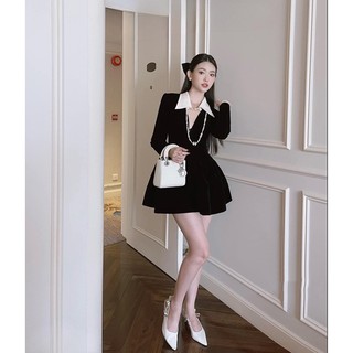 Đầm Nhung Cổ V Phối Sơ Mi Dáng Xòe Ngắn Tiểu Thư V5065