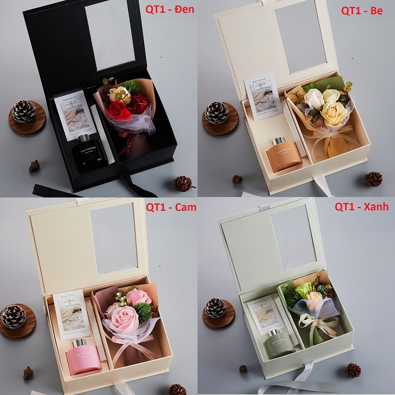 [Hàng sịn - Tặng Thiệp] Set hộp quà tặng 20/10 tinh dầu nước hoa khuếch tán + bó hoa sang trọng QT01