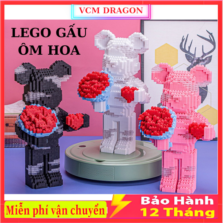 Đồ chơi lắp ráp mô hình gấu bearbrick lắp ráp xếp hình gấu Bear brick 36cm có đèn ,lego Gấu ôm hoa