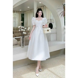 Đầm váy nữ dự tiệc sang trọng cổ vuông đính nút tay búp có mút ngực dáng váy dài xòe tone dáng cho các nàng