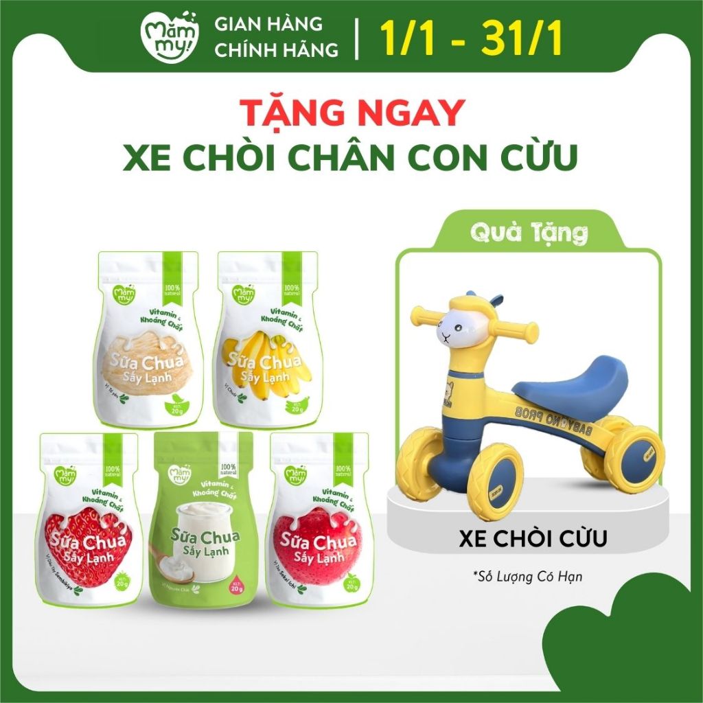 Combo 5 gói sữa chua Mămmy sấy đủ vị: nguyên chất, táo, tổ yến, dâu, chuối cho bé từ 6 tháng tuổi - 20 gram