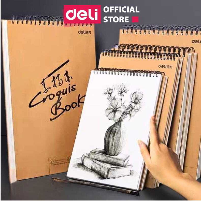 Sổ Phác Thảo Sketchbook  Deli - 80/120 Trang 100/110gsm Giấy Vẽ Chì Không Kị Tẩy Bìa Kraft Cứng Gáy Lò Xo Dọc/ Ngang