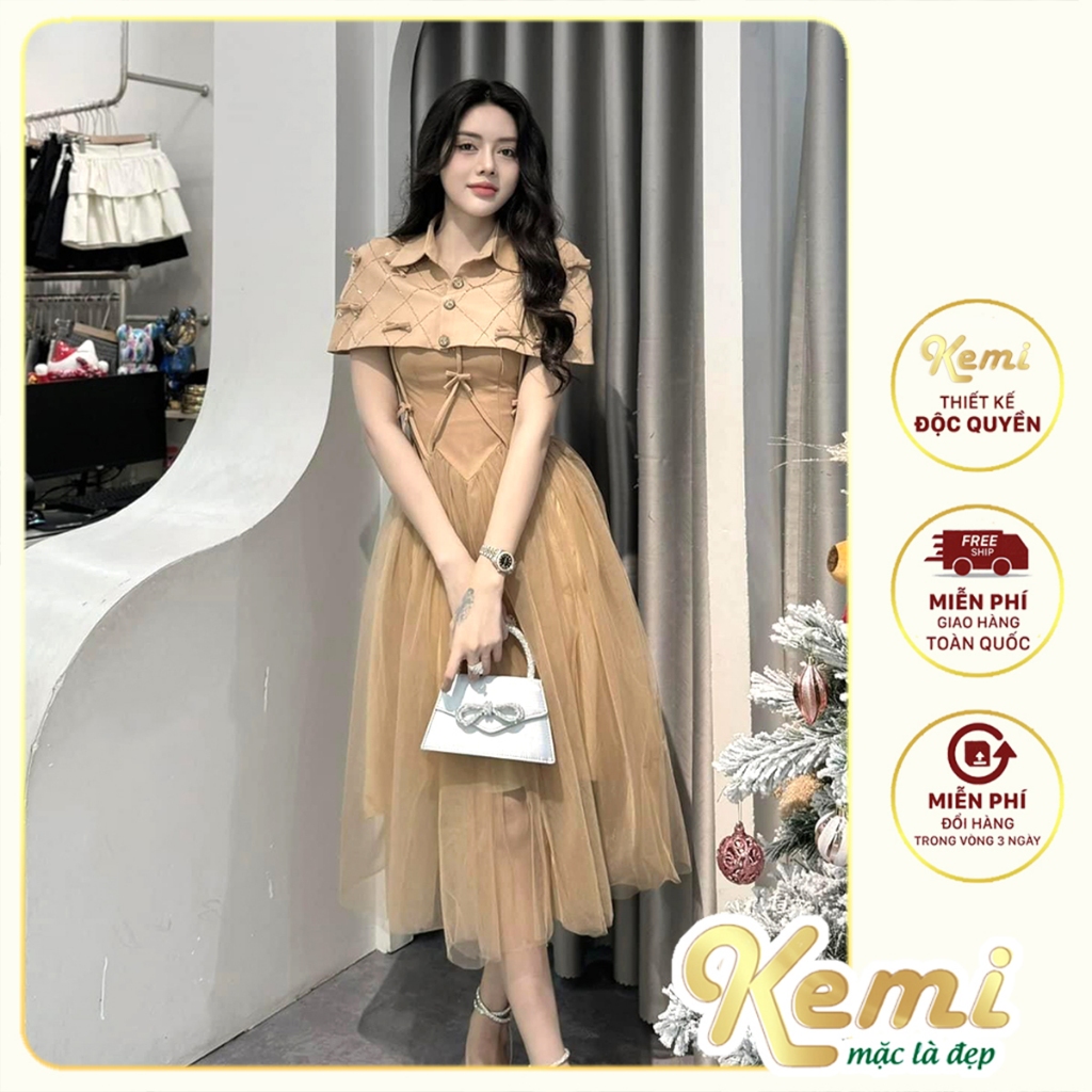 Đầm dự tiệc Sét váy ren lưới xếp tầng kèm khoác vai nơ Kemi hàng thiết kế sang chảnh