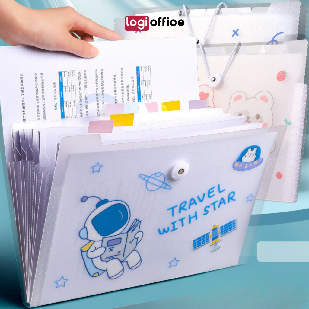 Túi đựng tài liệu LOGi, tệp bì đựng tài liệu 8 12 ngăn, khổ A4, nhiều mẫu trang trí sticker, file đựng tài liệu F123