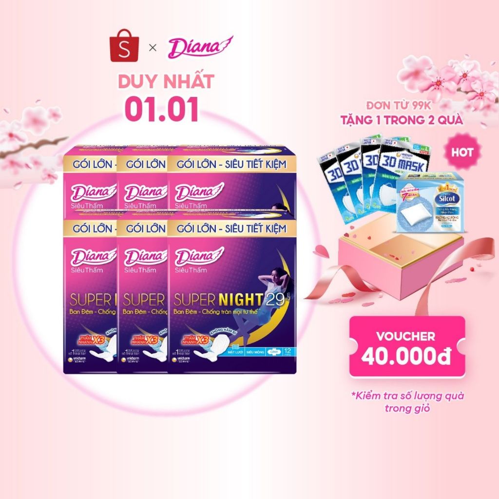 Bộ 6 gói băng vệ sinh Diana siêu thấm Supernight 29cm 12 miếng/gói