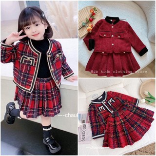 Set áo khoác dạ tweet đỏ bé gái công chúa kèm chân váy dạ kẻ TT