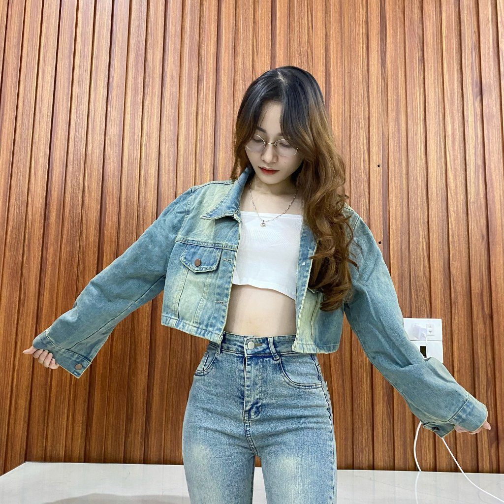 Áo khoác jeans, Áo khoác bò croptop cá tính phong cách Hàn Quốc Winny Store
