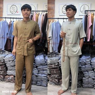 QUẦN ÁO PHẬT TỬ NAM - pháp phục nam kiểu lãnh tụ tay ngắn thêu hoạ tiết - chất vải Linen Ấn Độ BN08