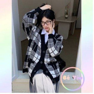 Áo Khoác Cardigan Len Ca Rô Phối 2 Màu Cá Tính Tay Dài Cổ V Thời Trang Nữ Hàn Quốc | Bé Tiu Clothing