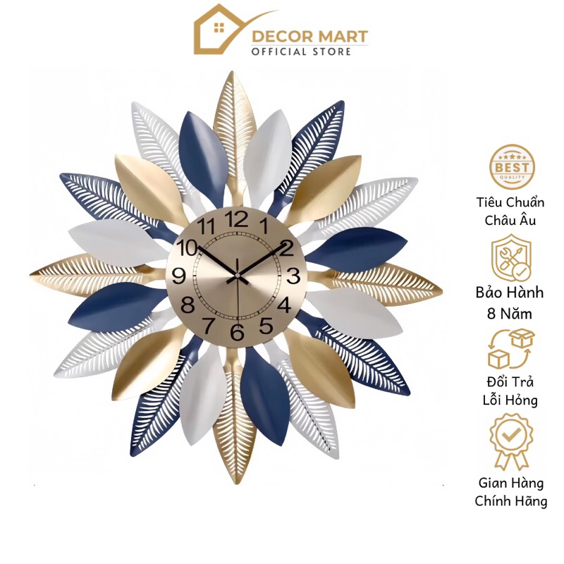 Đồng Hồ Treo Tường Trang Trí Nhà Cửa Hình Mặt Trời, Hoa Lá Nghệ Thuật Kim Trôi Cao Cấp DECOR MART DH
