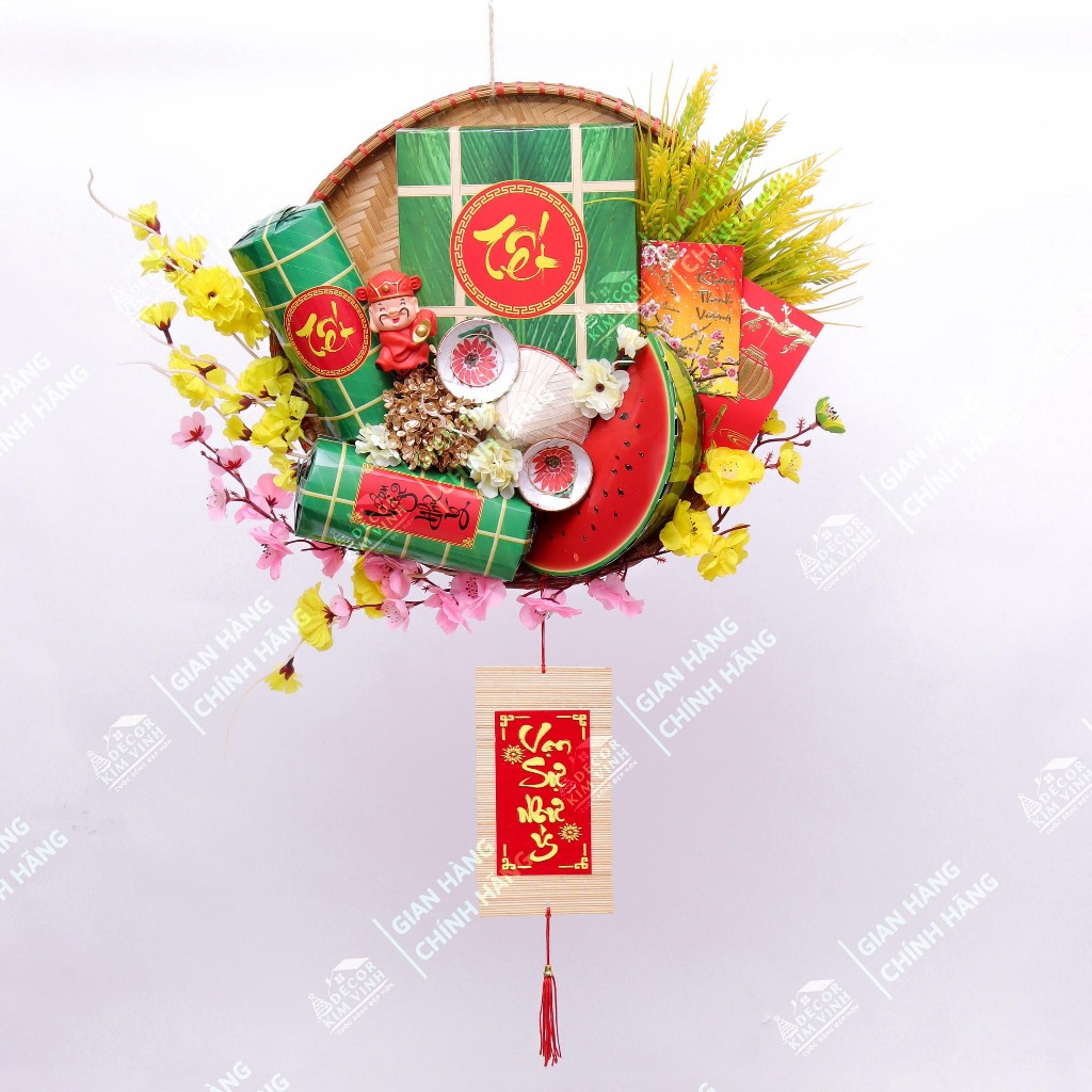 Mẹt Hoa Tết MET02 Mẹt Thần Tài 40cm Kèm Đèn, Mẹt Hoa Trang Trí Tết Xuân