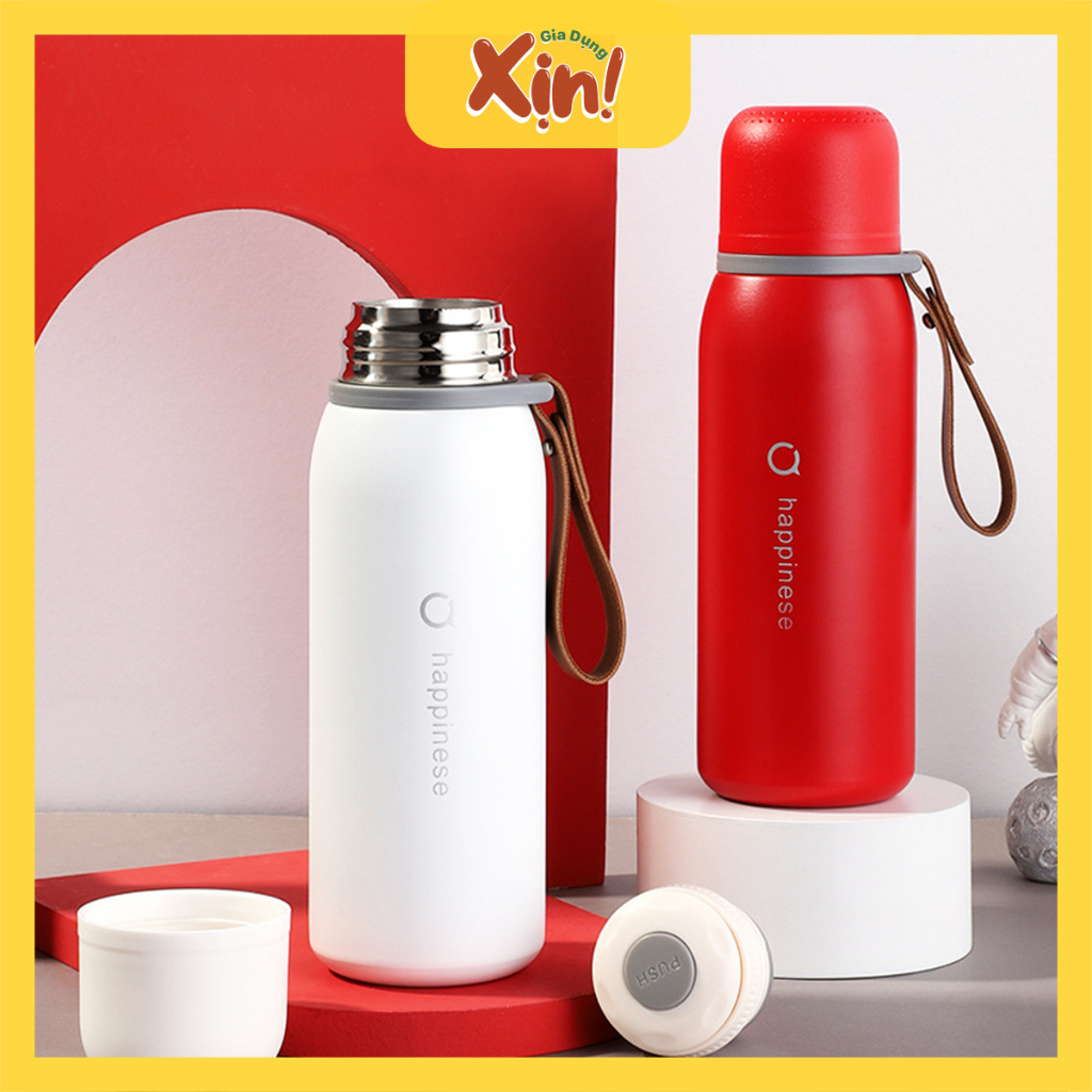 Bình giữ nhiệt Happiness 500ml, bình giữ nhiệt inox 316 có nắp làm cốc