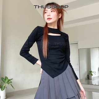 Áo Thun Dài Tay Khoét Ngực Sexy BIGSIZE, Áo Kiểu Vạt Nhọn Rúm Eo Thu Đông Cotton Tăm Co Dãn THUS62