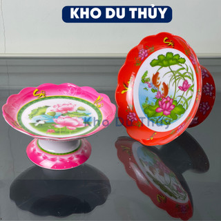 Dĩa chưng trái cây bàn thờ, cúp nhựa melamine (cúp, chò, mâm bồng) nhựa phíp hình hoa sen - GIAO MÀU NGẪU NHIÊN XANH, ĐỎ