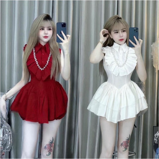 Set áo somi cổ v bèo đính đá phối chân váy xếp li