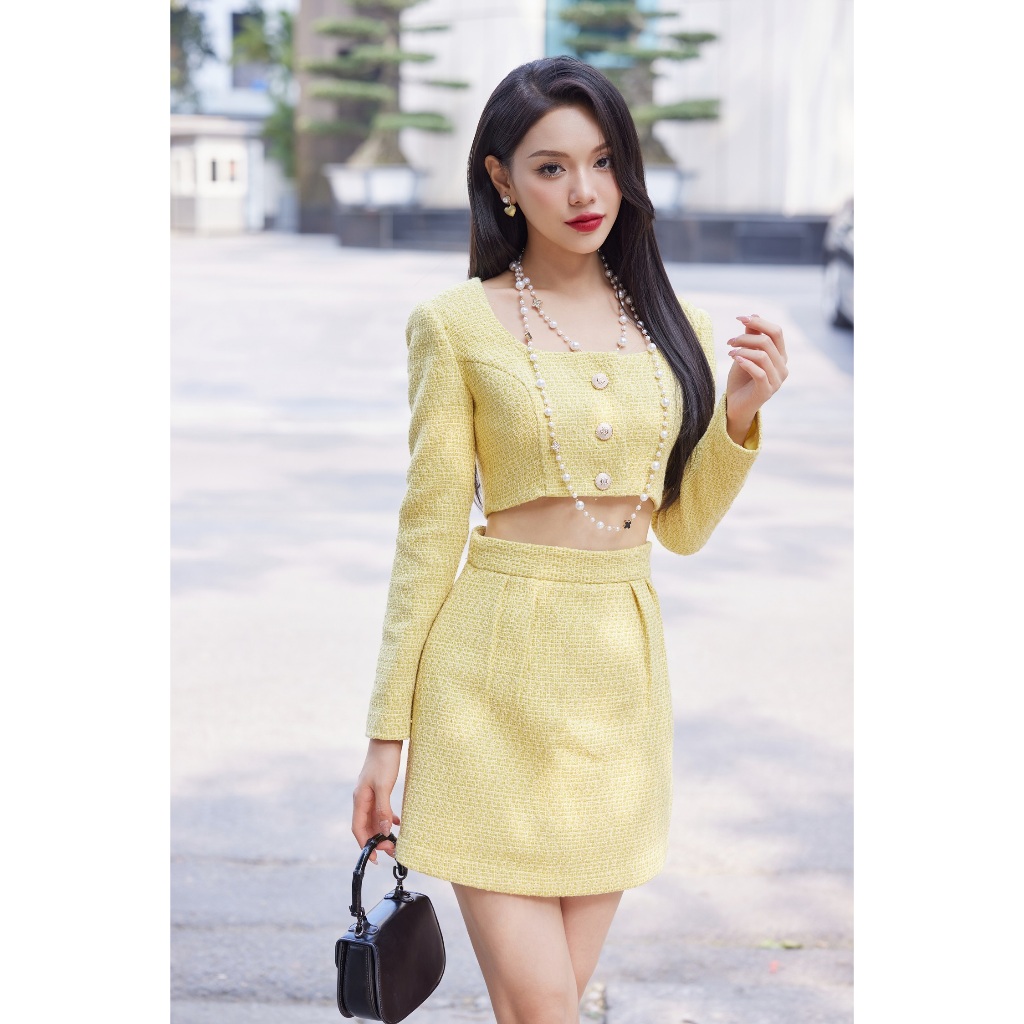 Set tweed VANANHSCARLET nữ dài tay croptop S12S23