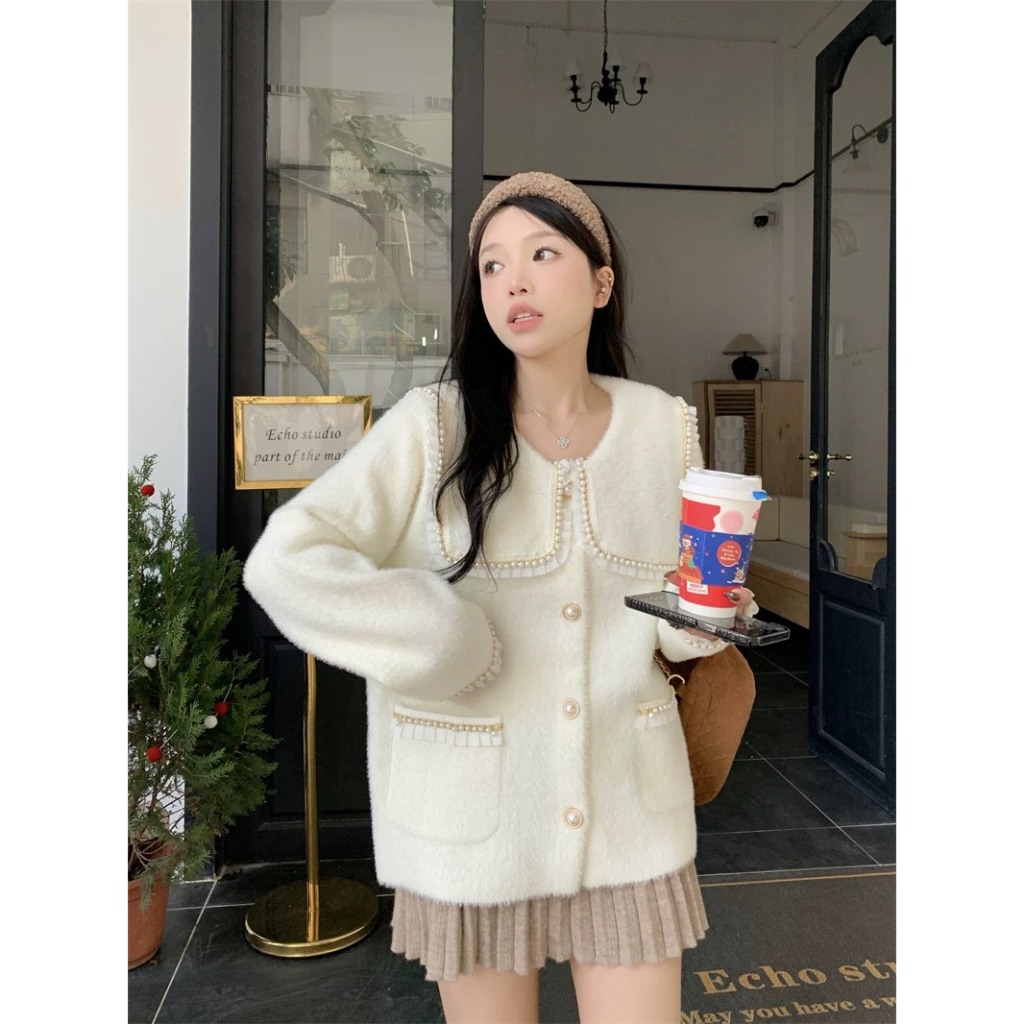 Áo len lông tiểu thư cúc ngọc cổ bèo, áo len lông thủy thủ phong cách Vintage Hàn Quốc