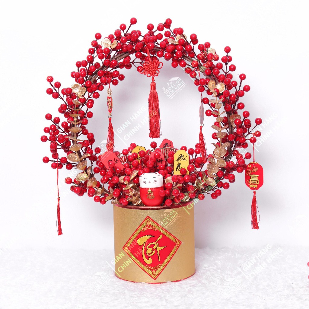 Chậu Hoa Tết Chậu Đào Đông Trang Trí TẾT A19 May Mắn Tài Lộc – Handmade