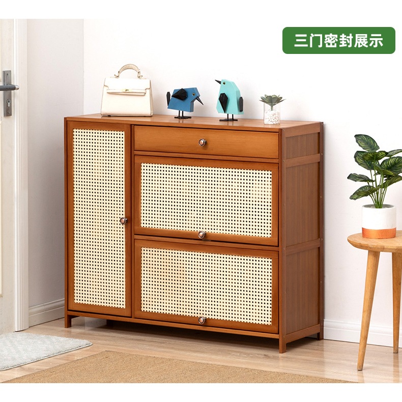 Tủ giày gỗ tre 1m x 85cm cửa mây tre đan cổ điển decor nhà đẹp - Kệ giày dép, Tủ để giày dép thông minh nhiều ngăn