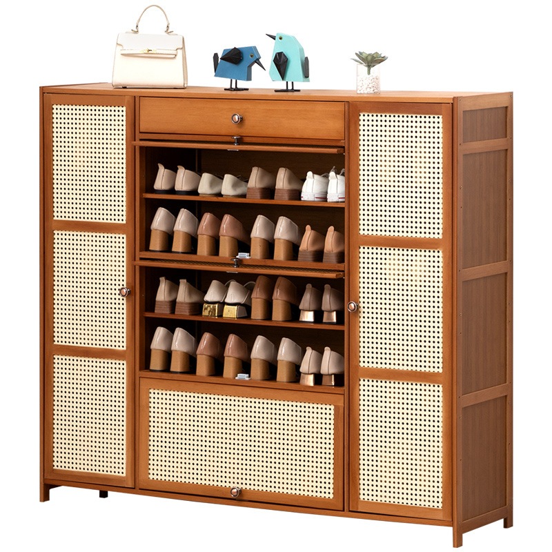 Tủ giày gỗ tre cửa mây tre đan cổ điển 1m35 decor nhà đẹp - Tủ giày dép, Kệ để giày dép boot nhiều ngăn thông minh