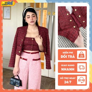 Áo dạ tweed đỏ đô tua rua dáng ngắn Áo Tweed khoác ngoài sang chảnh C&H Clothing