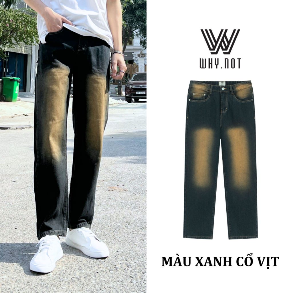 [CÓ BIGSIZE] Quần jean nam Xanh Retro WHY NOT, cạp cao ống suông rộng, quần bò nam xanh loang chất jeans cao cấp JBGWTG