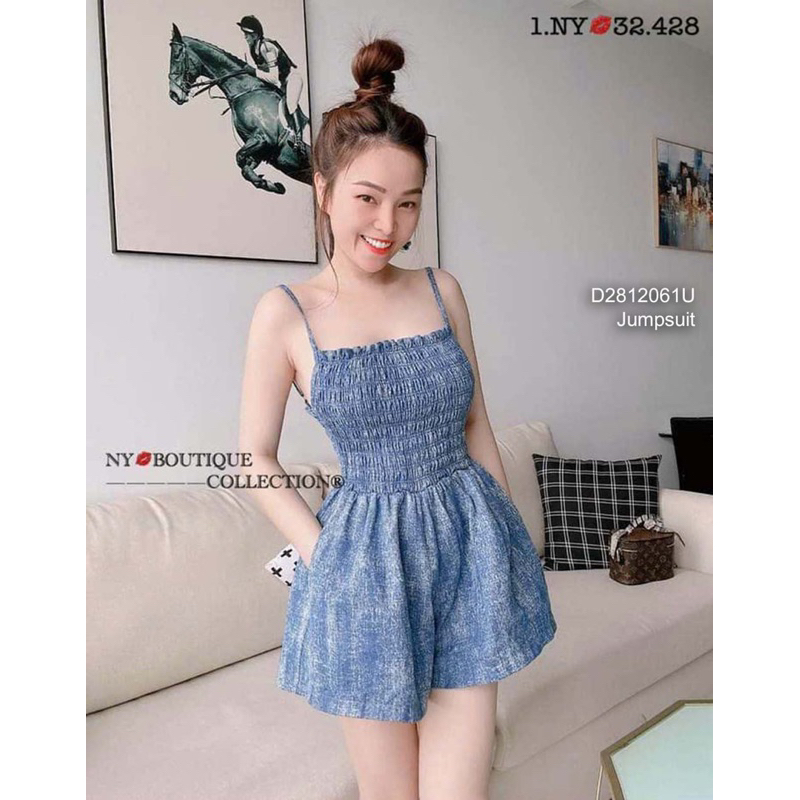 Jumpsuit jean 2 dây loang màu nhún ngực cá tính VIENS STORE