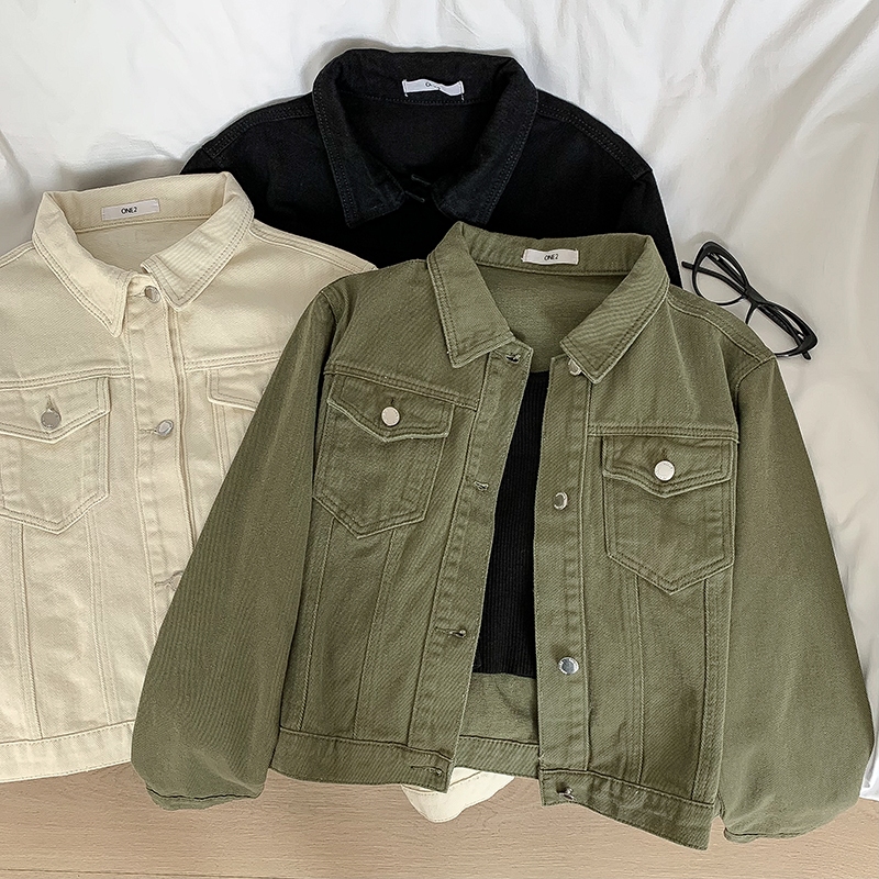 Áo khoác jean denim nữ Dáng ngắn Croptop Tay dài Form rộng Hàn Quốc Áo khoác bò cộc lửng nữ Dáng rộng