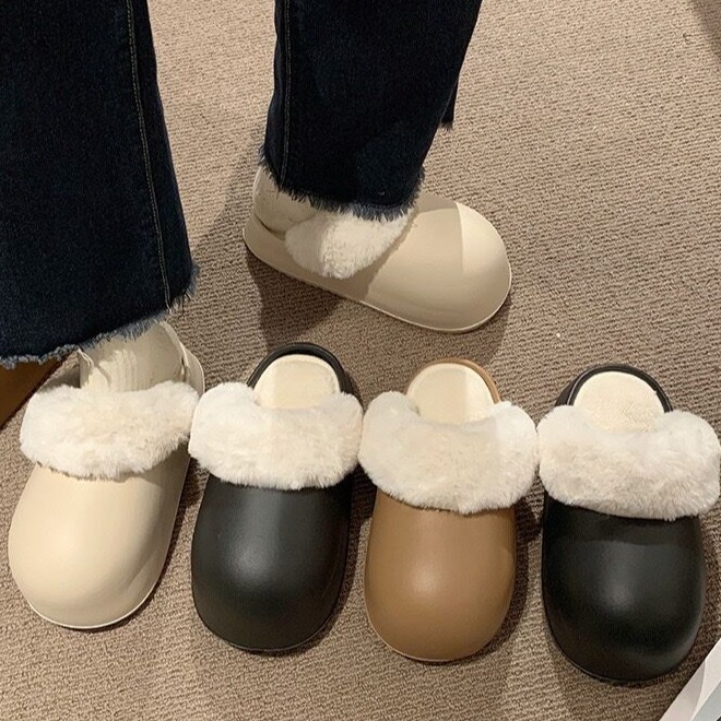 Dép sục lông, dép đi trong nhà mùa đông đế cao su lót lông tháo ra được size kép 3 màu kem đen nâu [Lù store] - SL02