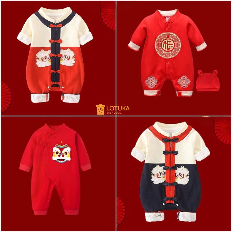 Body Tết Cho Bé LOTUKA, Body Dài Tay Thu Đông Hình Mặt Kỳ Lân Cúc Tàu Chất Cotton Mềm Mịn Size 3-12kg