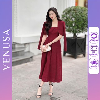 Set váy xòe đỏ BIGSIZE dáng dài kèm áo khoác ngoài có ghim cài Venusa Store