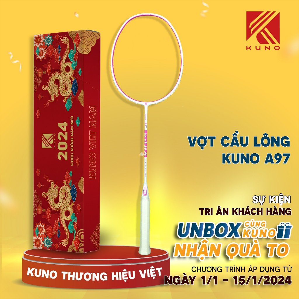 Cây Vợt Cầu Lông KUNO A97, 4U Chính Hãng, Công Thủ Toàn Diện, Carbon T700 căng sẵn 10kg 1 cây