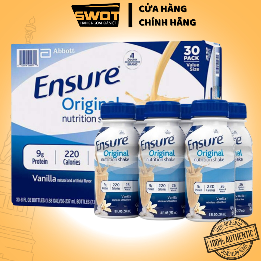 Thùng 30 Sữa nước Ensure Vanilla Original Nutrition Shake Mỹ 237ml, Sữa Ensure Mỹ cao cấp, thơm ngon, bổ dưỡng - SWOT