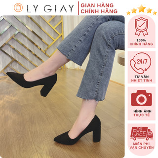 Giày cao gót nữ ZR gót vuông 7cm mũi nhọn lót đỏ, da lộn cao cấp màu ĐEN trẻ trung [ẢNH THẬT LY GIÀY] #000A03