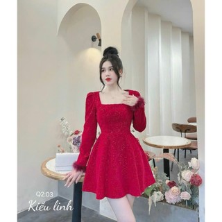 Đầm Nhung Kim Tuyến Tay Dài Cổ Vuông Dáng Xòe Mini Xinh Xắn Dễ Thương, 2 Màu Đen, Đỏ