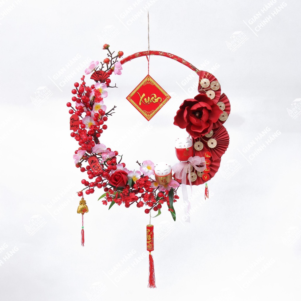 Vòng Hoa Tết H75 40cm Kèm Đèn, Vòng Hoa Trang Trí Tết Xuân