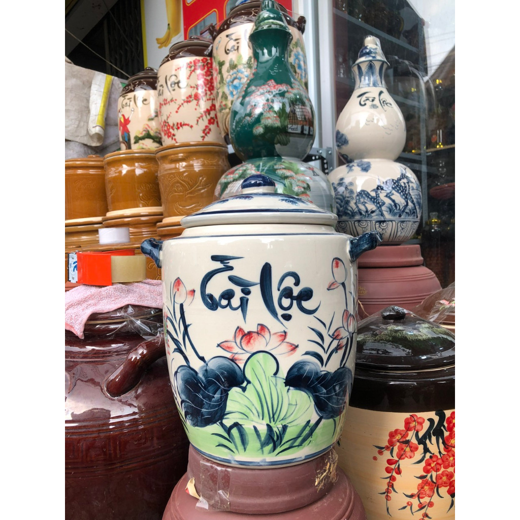 [Hũ, Vò] Chum đựng gạo Tài lộc 10kg, 15kg, 20kg tráng men Lam trong, bóng hàng chính hãng Bát Tràng