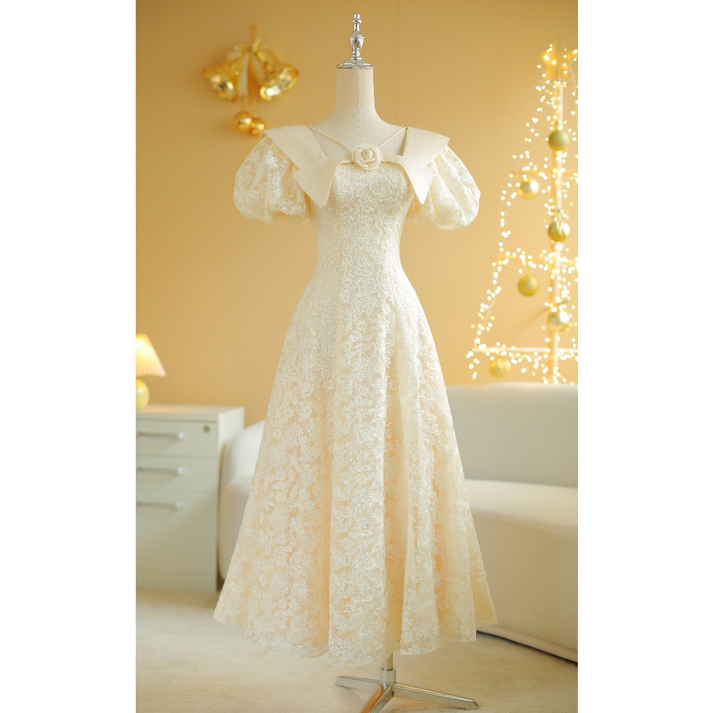 SÒ VINTAGE - CAMELIA đầm xòe tay phồng đính hoa trà