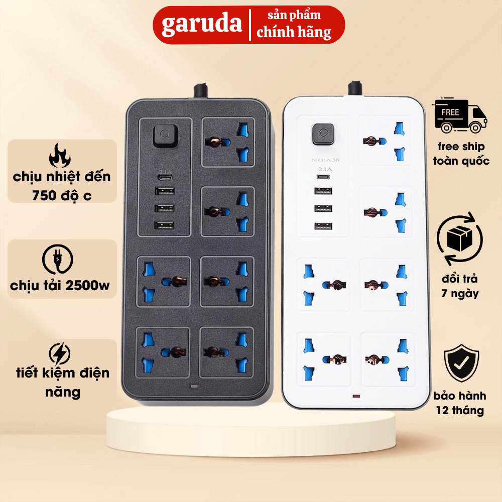 Ổ điện đa năng chính hãng GARUDA 3 cổng USB 15v sạc nhanh, 1 type c, chống cháy, ổ chịu tải 2500W, chất liệu nhựa pp