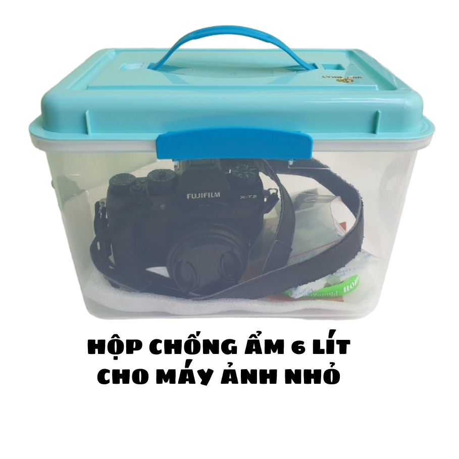 Combo hộp chống ẩm 6 lít có 2 khóa bảo quản máy ảnh film và mirroless đựng được 1 máy và 2 lens.