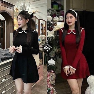 Đầm phối ren tay dài dáng xoè phom ngắn chất thun gân co giãn thích hợp mặc đi làm đi chơi đi tiệc
