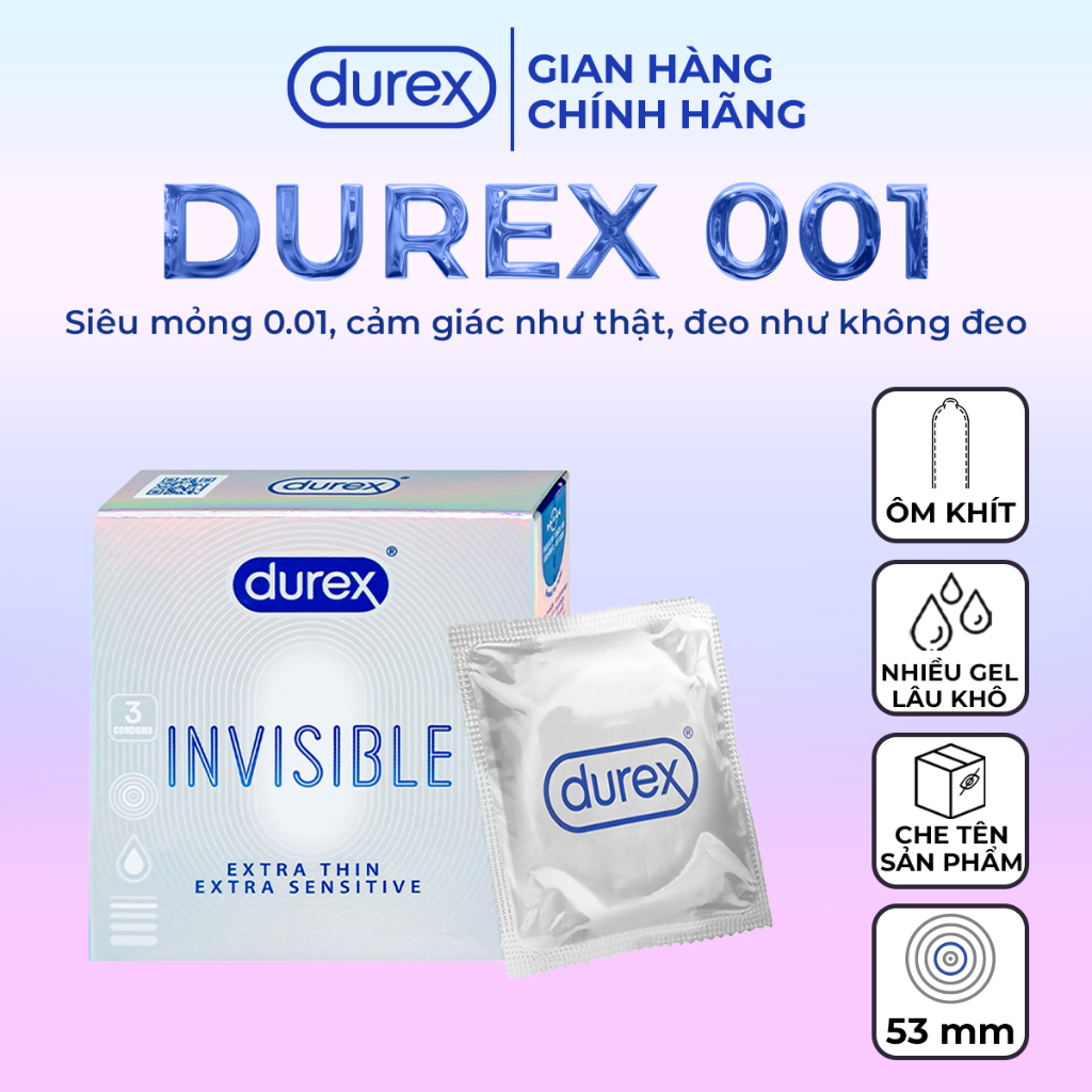 Bao Cao Su Durex 001 Siêu Mỏng 0.01mm Size 52mm Invisible Extra Thin Extra Sensitive - Chính Hãng Singapore - Che tên