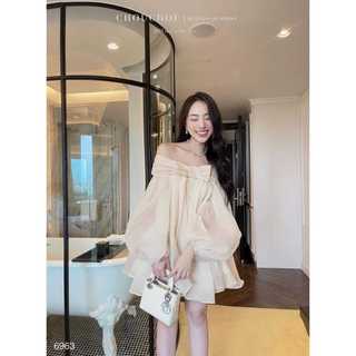 Váy áo babydoll trễ vai tay phồng nơ ngực tơ mềm 2 lớp dày dặn đầm bánh bèo tiểu thư hot2024