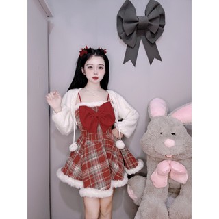 Set Váy Dạ Kẻ Nơ Lông Xòe V8