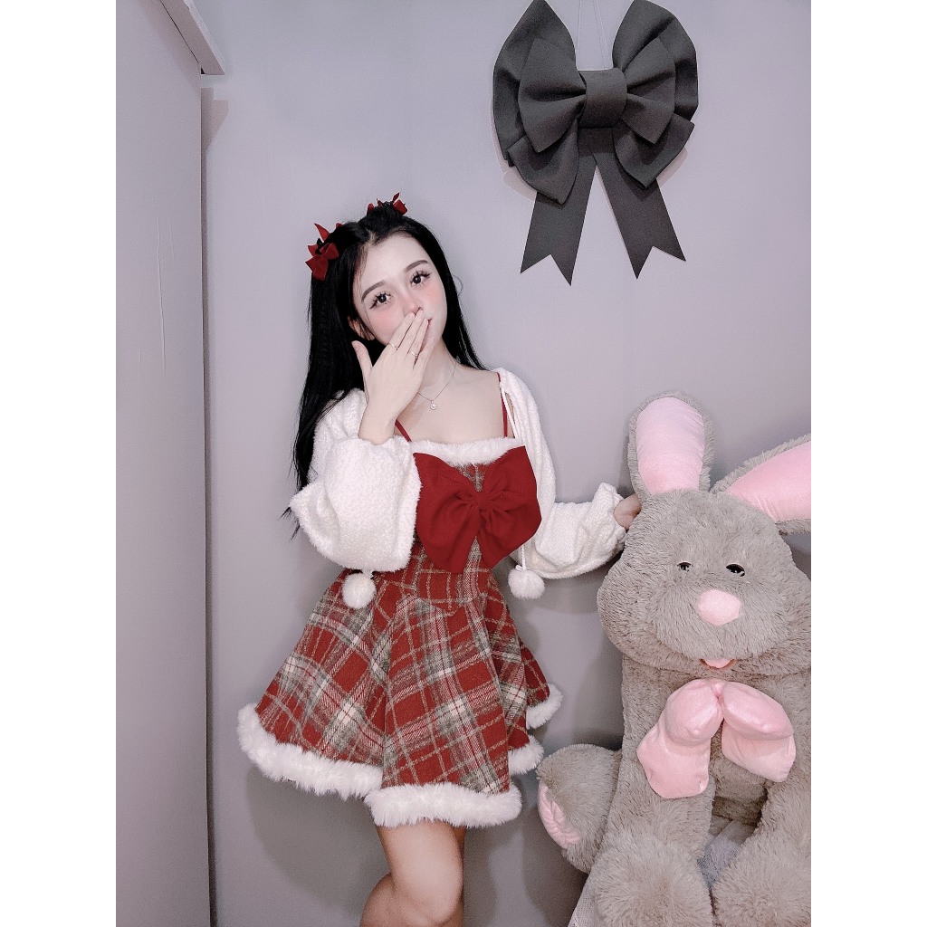 Set Váy Dạ Kẻ Nơ Lông Xòe V8